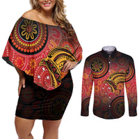 Papua New Guinea Couples Matching Off Shoulder Short Dress and Long Sleeve Button Shirt Birds Of Paradise With Aboriginal Pattern LT05 Red - Polynesian Pride