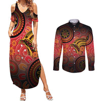 Papua New Guinea Couples Matching Summer Maxi Dress and Long Sleeve Button Shirt Birds Of Paradise With Aboriginal Pattern LT05 Red - Polynesian Pride