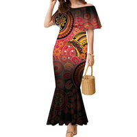 Papua New Guinea Family Matching Mermaid Dress and Hawaiian Shirt Birds Of Paradise With Aboriginal Pattern LT05 Mom's Dress Red - Polynesian Pride