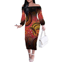 Papua New Guinea Family Matching Off The Shoulder Long Sleeve Dress and Hawaiian Shirt Birds Of Paradise With Aboriginal Pattern LT05 Mom's Dress Red - Polynesian Pride