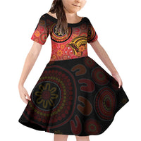Papua New Guinea Family Matching Off Shoulder Short Dress and Hawaiian Shirt Birds Of Paradise With Aboriginal Pattern LT05 Daughter's Dress Red - Polynesian Pride