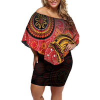Papua New Guinea Family Matching Off Shoulder Short Dress and Hawaiian Shirt Birds Of Paradise With Aboriginal Pattern LT05 Mom's Dress Red - Polynesian Pride