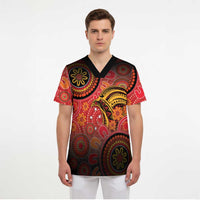 Papua New Guinea Scrub Top Birds Of Paradise With Aboriginal Pattern LT05 - Polynesian Pride