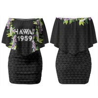 Hawaii Statehood Day Couples Matching Off Shoulder Short Dress and Hawaiian Shirt Kakau Pattern With Maile Pikake Honohono Lei LT05 - Polynesian Pride