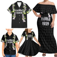 Hawaii Statehood Day Family Matching Off Shoulder Maxi Dress and Hawaiian Shirt Kakau Pattern With Maile Pikake Honohono Lei LT05 - Polynesian Pride