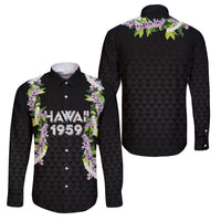 Hawaii Statehood Day Family Matching Off Shoulder Short Dress and Hawaiian Shirt Kakau Pattern With Maile Pikake Honohono Lei LT05 Dad's Shirt - Long Sleeve Black - Polynesian Pride