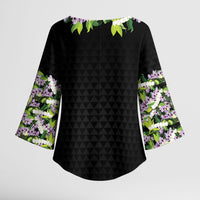 Hawaii Statehood Day Kimono Sleeve Blouse Kakau Pattern With Maile Pikake Honohono Lei