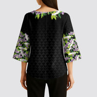 Hawaii Statehood Day Kimono Sleeve Blouse Kakau Pattern With Maile Pikake Honohono Lei