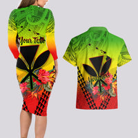 Personalized Hawaii Couples Matching Long Sleeve Bodycon Dress and Hawaiian Shirt Kakau Kanaka Maoli With Hibiscus Flowers LT05 - Polynesian Pride
