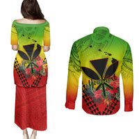 Personalized Hawaii Couples Matching Puletasi Dress and Long Sleeve Button Shirts Kakau Kanaka Maoli With Hibiscus Flowers LT05 - Polynesian Pride