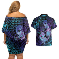 Hawaii Makahiki Turtle Couples Matching Off Shoulder Short Dress and Hawaiian Shirt Spiral Polynesian Tattoo LT05 - Polynesian Pride