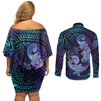 Hawaii Makahiki Turtle Couples Matching Off Shoulder Short Dress and Long Sleeve Button Shirt Spiral Polynesian Tattoo LT05 - Polynesian Pride