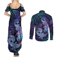 Hawaii Makahiki Turtle Couples Matching Summer Maxi Dress and Long Sleeve Button Shirt Spiral Polynesian Tattoo LT05 - Polynesian Pride