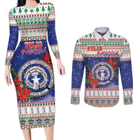 Northern Mariana Islands Christmas Couples Matching Long Sleeve Bodycon Dress and Long Sleeve Button Shirt Poinsettia Filis Pasgua