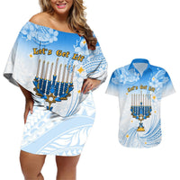 Polynesia Hanukkah Festival Couples Matching Off Shoulder Short Dress and Hawaiian Shirt With Menorah Polynesian Style LT05 Blue - Polynesian Pride