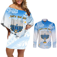 Polynesia Hanukkah Festival Couples Matching Off Shoulder Short Dress and Long Sleeve Button Shirt With Menorah Polynesian Style LT05 Blue - Polynesian Pride
