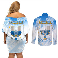 Polynesia Hanukkah Festival Couples Matching Off Shoulder Short Dress and Long Sleeve Button Shirt With Menorah Polynesian Style LT05 - Polynesian Pride