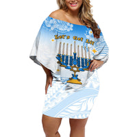 Polynesia Hanukkah Festival Off Shoulder Short Dress With Menorah Polynesian Style LT05 Women Blue - Polynesian Pride
