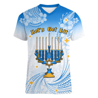 Polynesia Hanukkah Festival Women V Neck T Shirt With Menorah Polynesian Style LT05 Female Blue - Polynesian Pride