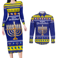 Personalised Polynesia Christmukkah Couples Matching Long Sleeve Bodycon Dress and Long Sleeve Button Shirt Menorah With Polynesian Tribal Pattern LT05 Blue - Polynesian Pride