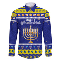 Personalised Polynesia Christmukkah Family Matching Long Sleeve Bodycon Dress and Hawaiian Shirt Menorah With Polynesian Tribal Pattern LT05 Dad's Shirt - Long Sleeve Blue - Polynesian Pride