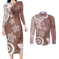 Polynesia Couples Matching Long Sleeve Bodycon Dress and Long Sleeve Button Shirt Brown Tribal Turtle Floral Pattern LT05 Brown - Polynesian Pride