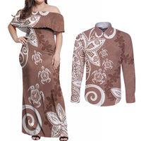 Polynesia Couples Matching Off Shoulder Maxi Dress and Long Sleeve Button Shirt Brown Tribal Turtle Floral Pattern LT05 Brown - Polynesian Pride