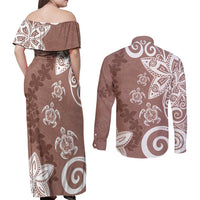 Polynesia Couples Matching Off Shoulder Maxi Dress and Long Sleeve Button Shirt Brown Tribal Turtle Floral Pattern LT05 - Polynesian Pride