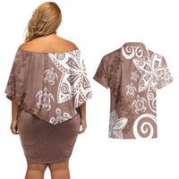 Polynesia Couples Matching Off Shoulder Short Dress and Hawaiian Shirt Brown Tribal Turtle Floral Pattern LT05 - Polynesian Pride