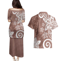 Polynesia Couples Matching Puletasi and Hawaiian Shirt Brown Tribal Turtle Floral Pattern LT05 - Polynesian Pride