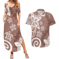 Polynesia Couples Matching Summer Maxi Dress and Hawaiian Shirt Brown Tribal Turtle Floral Pattern LT05 Brown - Polynesian Pride