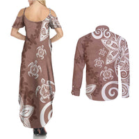 Polynesia Couples Matching Summer Maxi Dress and Long Sleeve Button Shirt Brown Tribal Turtle Floral Pattern LT05 - Polynesian Pride