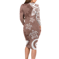 Polynesia Family Matching Long Sleeve Bodycon Dress and Hawaiian Shirt Brown Tribal Turtle Floral Pattern