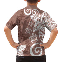 Polynesia Family Matching Short Sleeve Bodycon Dress and Hawaiian Shirt Brown Tribal Turtle Floral Pattern