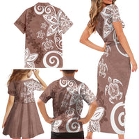 Polynesia Family Matching Short Sleeve Bodycon Dress and Hawaiian Shirt Brown Tribal Turtle Floral Pattern