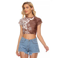 Polynesia Raglan Cropped T Shirt Brown Tribal Turtle Floral Pattern LT05 Female Brown - Polynesian Pride