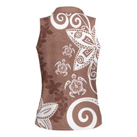 Polynesia Women Sleeveless Polo Shirt Brown Tribal Turtle Floral Pattern