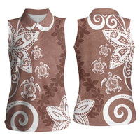 Polynesia Women Sleeveless Polo Shirt Brown Tribal Turtle Floral Pattern