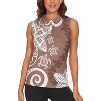 Polynesia Women Sleeveless Polo Shirt Brown Tribal Turtle Floral Pattern