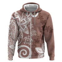 Polynesia Zip Hoodie Brown Tribal Turtle Floral Pattern