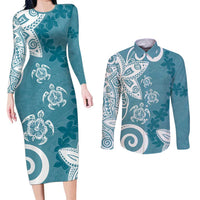 Polynesia Couples Matching Long Sleeve Bodycon Dress and Long Sleeve Button Shirt Hippie Blue Tribal Turtle Floral Pattern LT05 Blue - Polynesian Pride