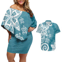 Polynesia Couples Matching Off Shoulder Short Dress and Hawaiian Shirt Hippie Blue Tribal Turtle Floral Pattern LT05 Blue - Polynesian Pride