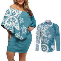 Polynesia Couples Matching Off Shoulder Short Dress and Long Sleeve Button Shirt Hippie Blue Tribal Turtle Floral Pattern LT05 Blue - Polynesian Pride