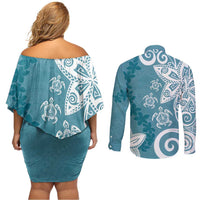 Polynesia Couples Matching Off Shoulder Short Dress and Long Sleeve Button Shirt Hippie Blue Tribal Turtle Floral Pattern LT05 - Polynesian Pride