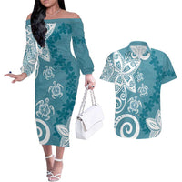 Polynesia Couples Matching Off The Shoulder Long Sleeve Dress and Hawaiian Shirt Hippie Blue Tribal Turtle Floral Pattern LT05 Blue - Polynesian Pride