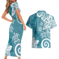 Polynesia Couples Matching Short Sleeve Bodycon Dress and Hawaiian Shirt Hippie Blue Tribal Turtle Floral Pattern LT05 - Polynesian Pride