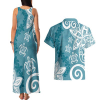Polynesia Couples Matching Tank Maxi Dress and Hawaiian Shirt Hippie Blue Tribal Turtle Floral Pattern LT05 - Polynesian Pride