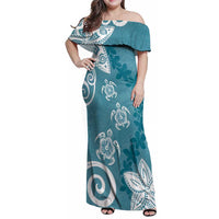 Polynesia Family Matching Off Shoulder Maxi Dress and Hawaiian Shirt Hippie Blue Tribal Turtle Floral Pattern
