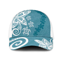 Polynesia Mesh Trucker Cap Hippie Blue Tribal Turtle Floral Pattern LT05 One Size White Blue - Polynesian Pride