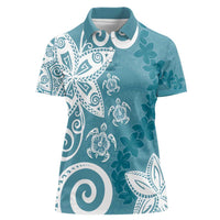 Polynesia Women Polo Shirt Hippie Blue Tribal Turtle Floral Pattern